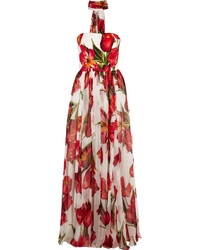 Красное шифоновое вечернее платье с цветочным принтом от Dolce & Gabbana