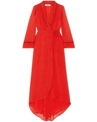 Красное шифоновое платье с запахом в горошек