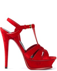 Красные замшевые босоножки на каблуке от Saint Laurent