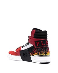 Мужские красные кожаные высокие кеды с принтом от Philipp Plein