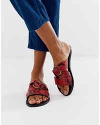 Красные кожаные сандалии на плоской подошве со змеиным рисунком
