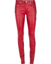 Красные кожаные узкие брюки от Saint Laurent