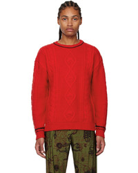 Красный вязаный свитер в горизонтальную полоску