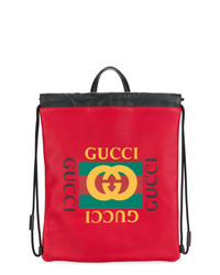 Мужской красный кожаный рюкзак с принтом от Gucci