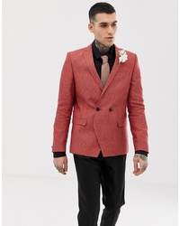 Красный льняной двубортный пиджак