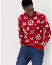 Мужской красный новогодний свитер с круглым вырезом от Jack & Jones