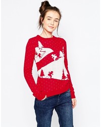 Женский красный новогодний свитер с круглым вырезом
