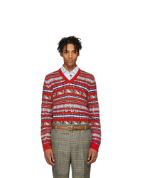 Мужской красный свитер с v-образным вырезом с жаккардовым узором от Gucci