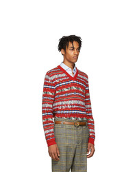Мужской красный свитер с v-образным вырезом с жаккардовым узором от Gucci