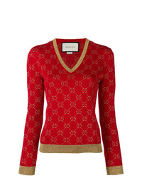 Женский красный свитер с v-образным вырезом с принтом от Gucci