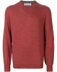 Мужской красный свитер с v-образным вырезом от Brunello Cucinelli