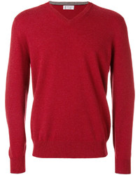 Мужской красный свитер с v-образным вырезом от Brunello Cucinelli