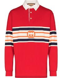 Мужской красный свитер с воротником поло в горизонтальную полоску от Gucci
