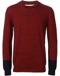 Красный свитер с круглым вырезом в горизонтальную полоску