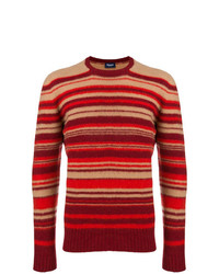 Мужской красный свитер с круглым вырезом в горизонтальную полоску от Drumohr