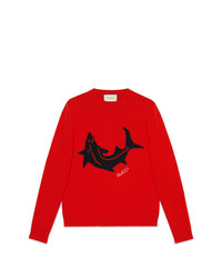 Мужской красный свитер с круглым вырезом с вышивкой от Gucci