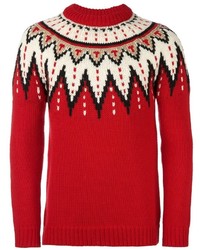 Мужской красный свитер с круглым вырезом с жаккардовым узором от Saint Laurent