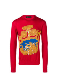 Мужской красный свитер с круглым вырезом с принтом от Versace