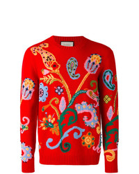 Мужской красный свитер с круглым вырезом с цветочным принтом от Gucci