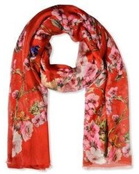 Красный шелковый шарф с цветочным принтом
