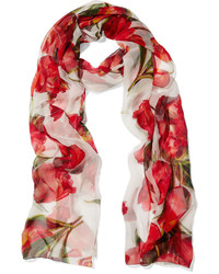 Женский красный шелковый шарф с цветочным принтом от Dolce & Gabbana