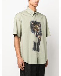 Мужская мятная рубашка с коротким рукавом с леопардовым принтом от Roberto Cavalli