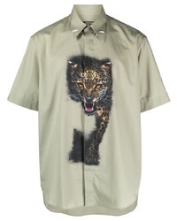 Мужская мятная рубашка с коротким рукавом с леопардовым принтом от Roberto Cavalli
