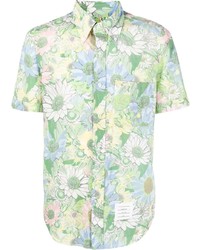 Мужская мятная рубашка с коротким рукавом с цветочным принтом от Thom Browne