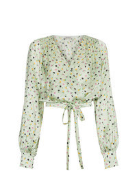 Мятная шелковая блузка с длинным рукавом с цветочным принтом