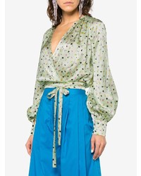 Мятная шелковая блузка с длинным рукавом с цветочным принтом от ATTICO