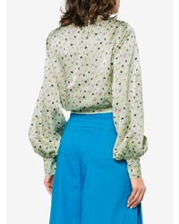 Мятная шелковая блузка с длинным рукавом с цветочным принтом от ATTICO
