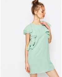 Мятное платье прямого кроя с рюшами