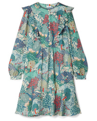 Мятное шелковое платье прямого кроя с принтом