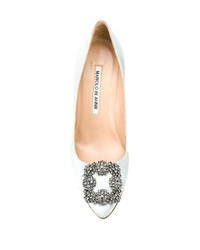 Мятные сатиновые туфли с украшением от Manolo Blahnik