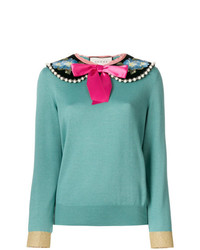 Женский мятный свитер с круглым вырезом с украшением от Gucci