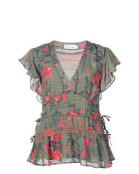 Оливковая блуза с коротким рукавом с цветочным принтом от Tanya Taylor