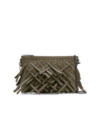 Оливковая кожаная сумка через плечо c бахромой от Bottega Veneta