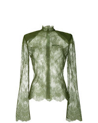 Оливковая кружевная блузка с длинным рукавом