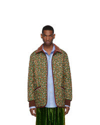 Оливковая куртка-пуховик с цветочным принтом