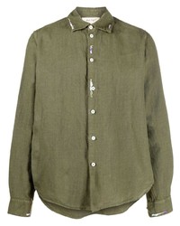 Оливковая льняная рубашка с длинным рукавом с вышивкой