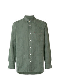 Оливковая льняная рубашка с длинным рукавом с "огурцами"