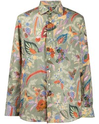 Мужская оливковая льняная рубашка с длинным рукавом с цветочным принтом от Etro