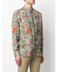 Мужская оливковая льняная рубашка с длинным рукавом с цветочным принтом от Etro