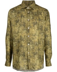 Мужская оливковая льняная рубашка с длинным рукавом с цветочным принтом от Kiton
