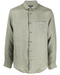 Мужская оливковая льняная рубашка с длинным рукавом от A.P.C.