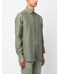 Мужская оливковая льняная рубашка с длинным рукавом от Kiton