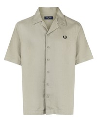 Оливковая льняная рубашка с коротким рукавом с вышивкой