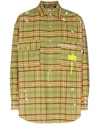 Мужская оливковая рубашка с длинным рукавом в шотландскую клетку от Palm Angels