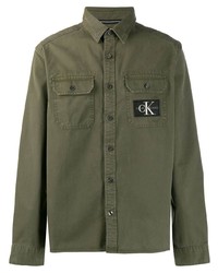 Мужская оливковая рубашка с длинным рукавом с вышивкой от Calvin Klein Jeans