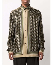 Мужская оливковая рубашка с длинным рукавом с геометрическим рисунком от Versace Collection